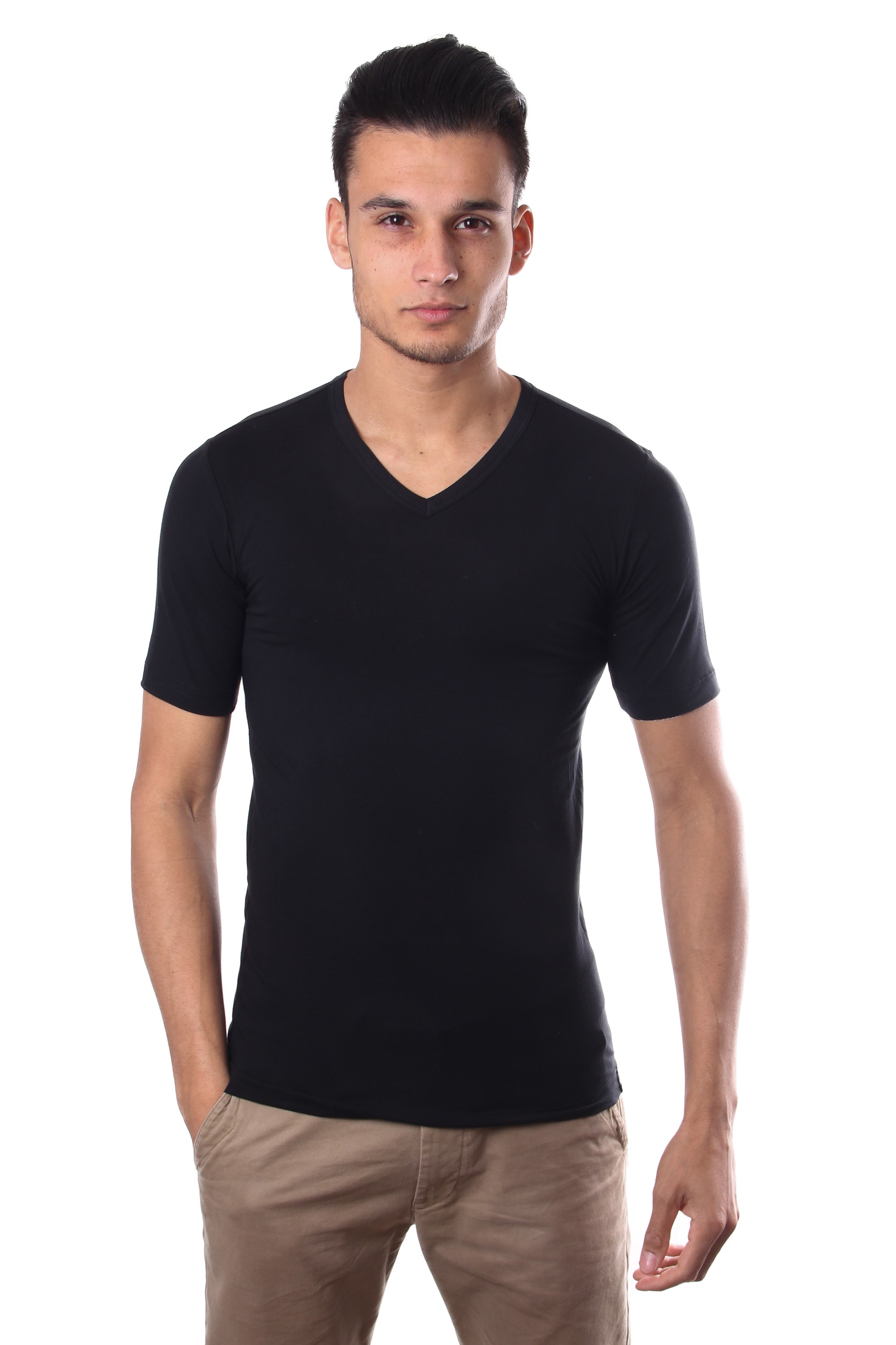 Schiesser Men Stretch T-Shirt V-neck Black
